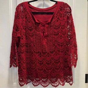 CJ Banks Burgundy Crochet Layered Cami 2 Piece Blouse Set. Size‎ X.